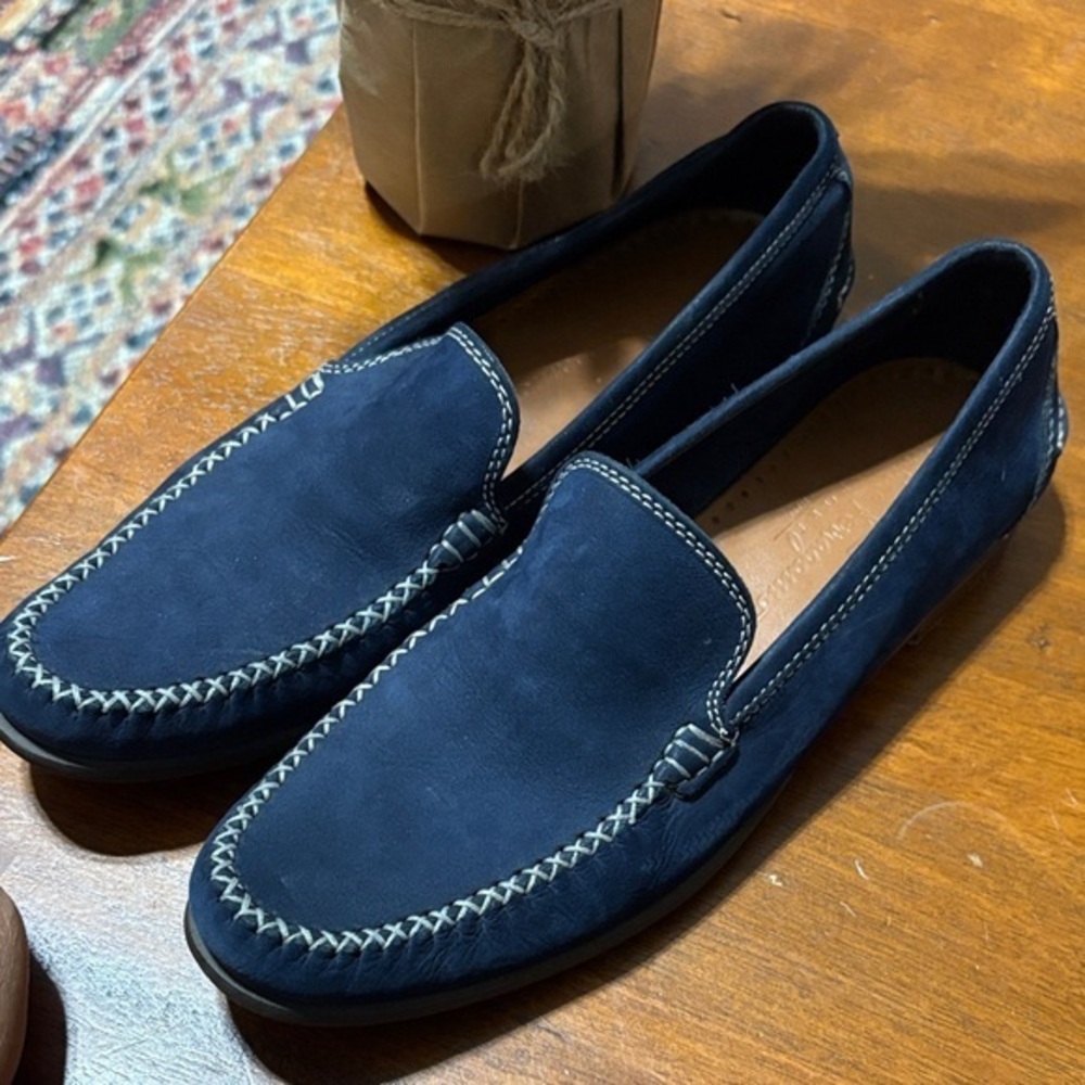 Salvatore Ferragamo Navy Moccasins with White Stitching